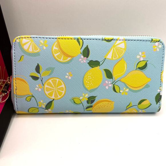 Trina Turk Lemon Zip Around Wallet Clutch Mint Yellow Novelty Fruit Print NIB - Picture 2 of 8